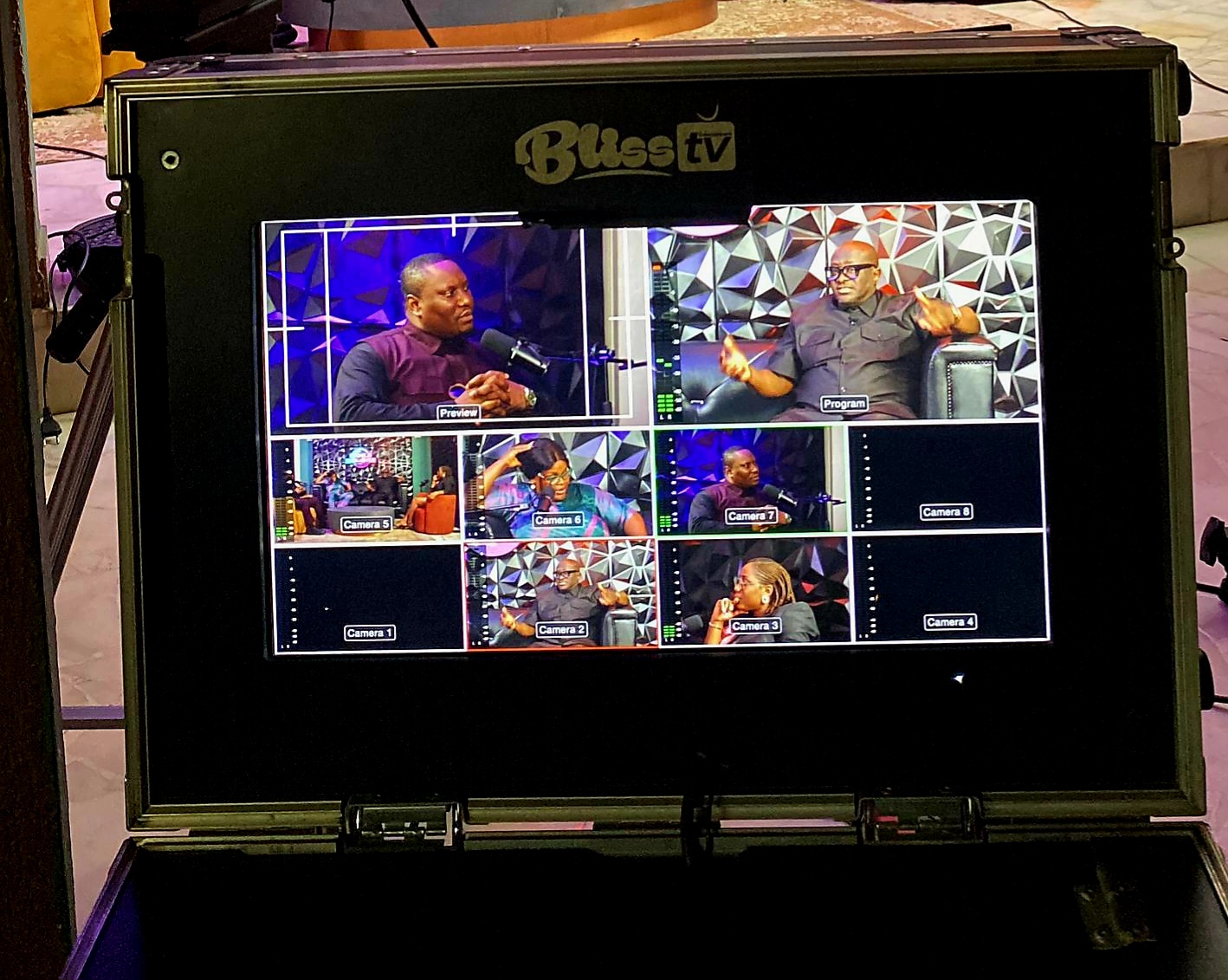 Broadcast control monitor during Drinks & Thoughts Podcast production